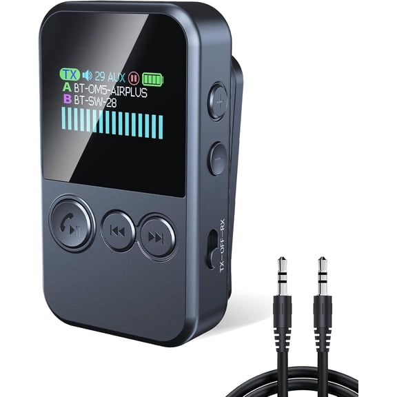 Bluetooth Transmitter for TV to 2 Headphones, Wireless Receiver for Hands-Free Car Calling, Audio Adapter with 3.5mm AUX Jack with LED Display for Airplane, Stereo