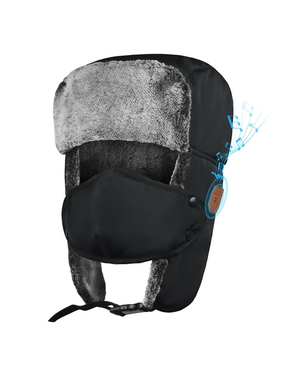 Bluetooth Trapper Hat ,Peatop Black Wireless Trooper Warm Hat with Ear Flaps Built-in Earphone for Men Women Cold Winter Hunting