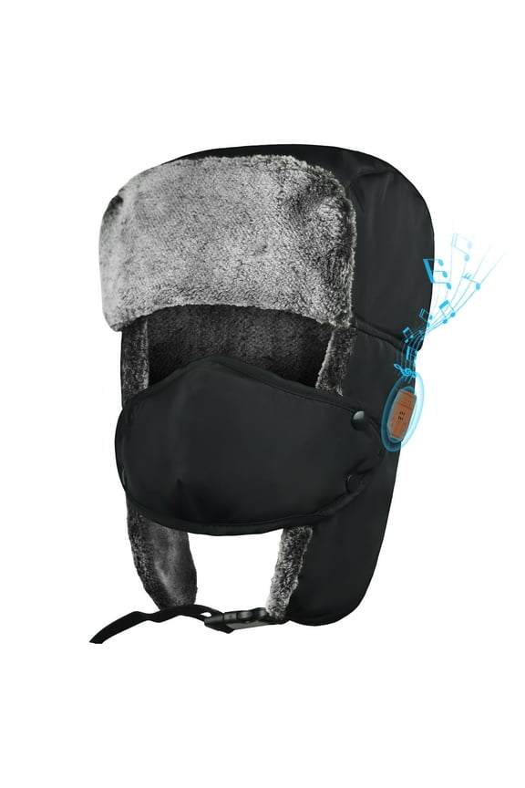 Bluetooth Trapper Hat ,Peatop Black Wireless Trooper Warm Hat with Ear Flaps Built-in Earphone for Men Women Cold Winter Hunting