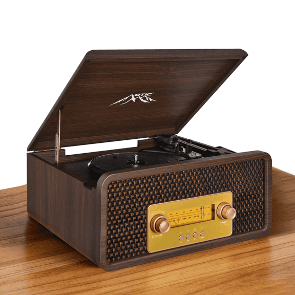 Bluetooth Vinyl Record Player with Speakers, 3-Speed Turntable, Servo-Controlled Speed & Auto Stop, AM/FM Stereo Radio, Aux-In