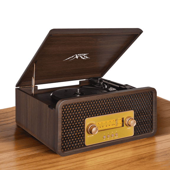 Bluetooth Vinyl Record Player with Speakers, 3-Speed Turntable, Servo-Controlled Speed & Auto Stop, AM/FM Stereo Radio, Aux-In
