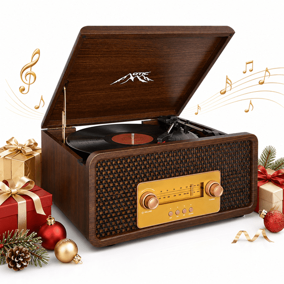 Bluetooth Vinyl Record Player with Speakers, 3-Speed Turntable, Servo-Controlled Speed & Auto Stop, AM/FM Stereo Radio, Aux-In