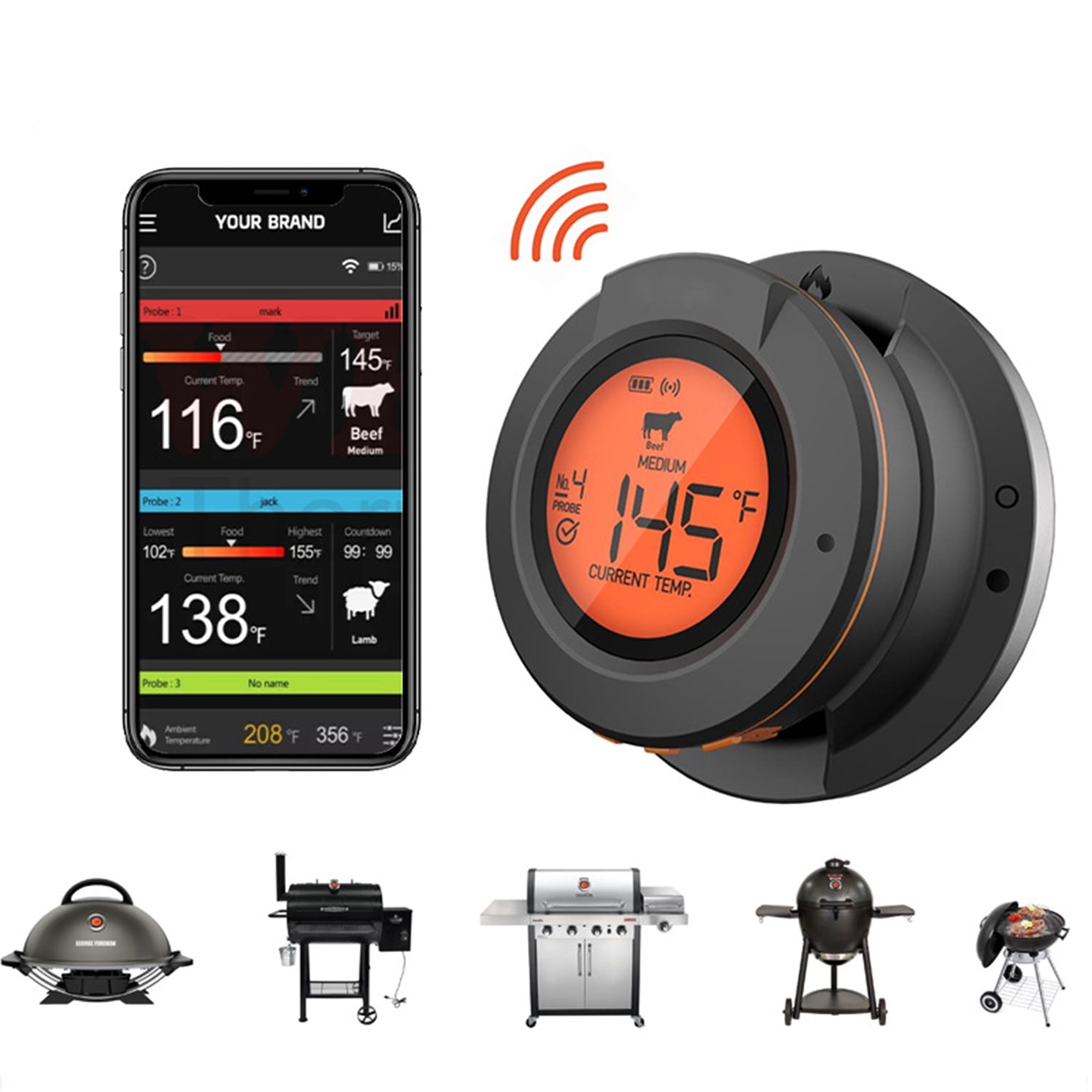 Bluetooth Wireless Grill BBQ Thermometer for Grilling with 4 Probes