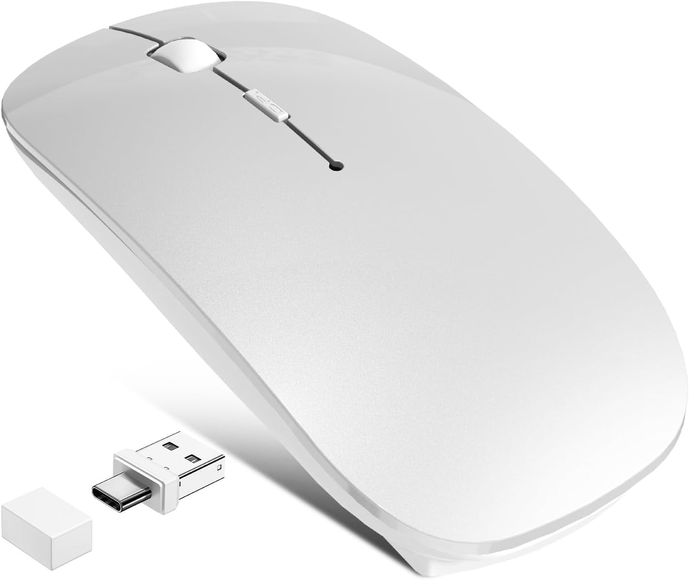 Bluetooth Wireless Laptop for MacBook Air iPad Mac, 2.4G Rechargeable Computer with Jiggler Mode, Silent Optical 2 Mode Bluetooth 5.2/3.0 & 2.4G USB-A/Type C Portable Mice, Silver