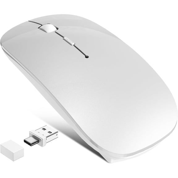 Bluetooth Wireless Laptop for MacBook Air iPad Mac, 2.4G Rechargeable Computer with Jiggler Mode, Silent Optical 2 Mode Bluetooth 5.2/3.0 & 2.4G USB-A/Type C Portable Mice, Silver