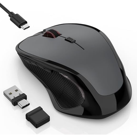 Bluetooth Wireless Laptop Mouse for MacBook Air Pro iPad Mac, Ergonomic Rechargeable Mouse with Jiggler Mode, 2 Mode Bluetooth & 2.4G USB-A/USB-C Receiver, Silent Optical Computer Mice, Grey