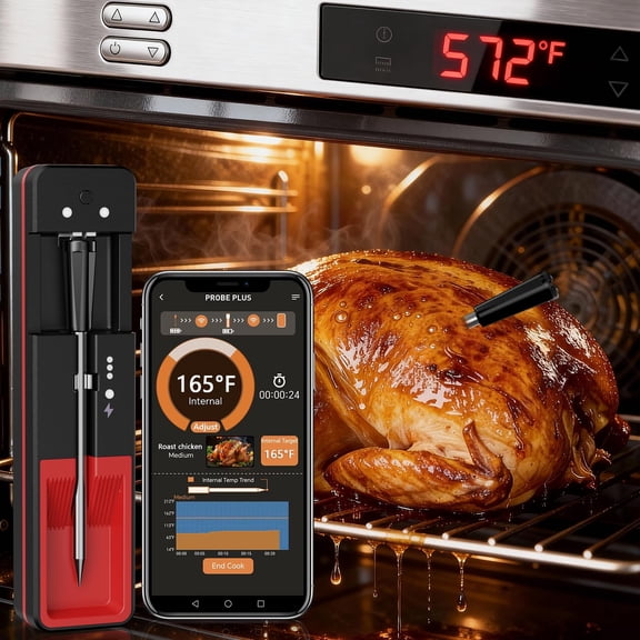 Bluetooth Wireless Meat Thermometer for Oven: Smart 572 Oven-Safe Probe with 900ft Remote Range for Juicy Meat - Easy Setup App Auto Alerts Dishwasher Safe for Grilling Cooking Smoking