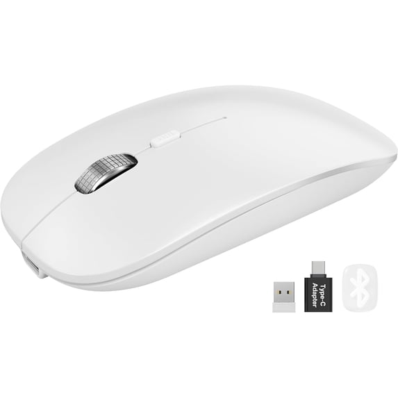 Bluetooth Wireless Mouse for MacBook, iPad, Laptop, Tri-Mode Rechargeable Silent Slim Computer Mouse for 3 Devices with USB & USB-C,White