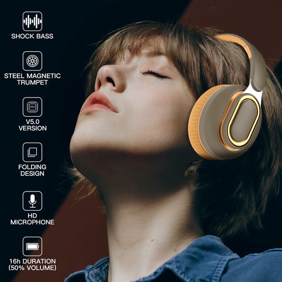 Bluetooth headphones with up to 40 hours battery, microphone for call, foldable and comfortable, Android and iOs compatible - Army Green