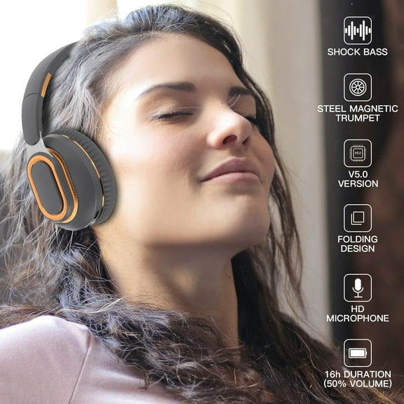 Bluetooth headphones with up to 40 hours battery, microphone for call, foldable and comfortable, Android and iOs compatible - Dark Gray