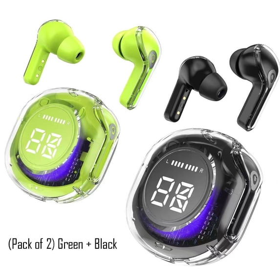 Bluetooth in-ear headphones HK6 digital display gaming sports transparent second-generation wireless Bluetooth headphones,(Pack of 2) Green-Black