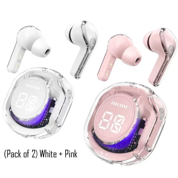 Bluetooth in-ear headphones HK6 digital display gaming sports transparent second-generation wireless Bluetooth headphones,(Pack of 2) White-Pink