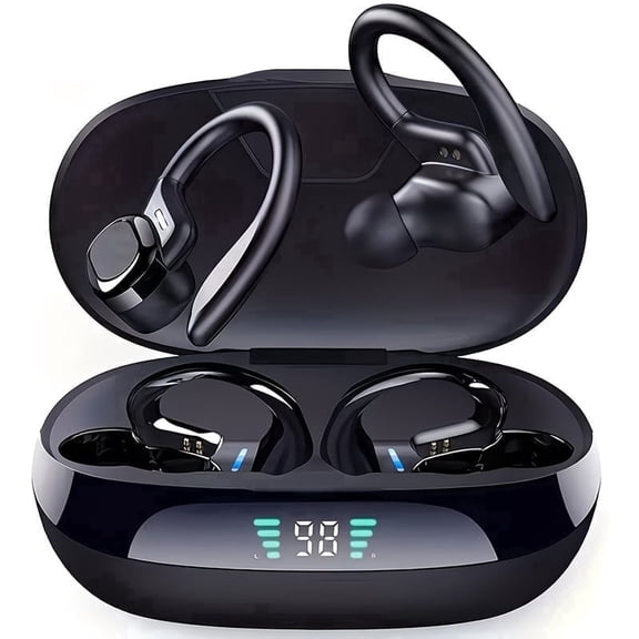 Bluetooth true wireless earbuds with microphone, TWS in ear headphones, touch volume, wireless sports ear hook, LED display charging case, half open back, compatible with mobile phones, Type-C chargi