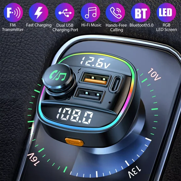 Bluetooth5.0 Car Wireless FM Transmitter Adapter USB PD Charger AUX Hand-Free US