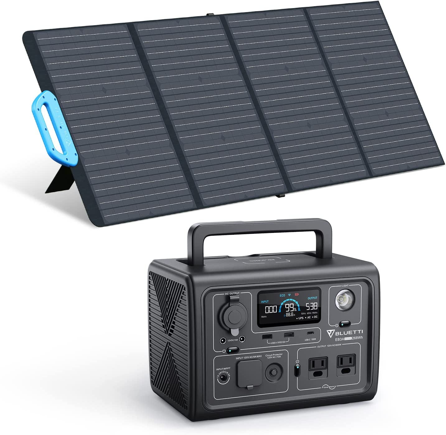 Bluetti EB3A Portable Solar Generator 268Wh Capacity With 120W Solar Panel,  Power Station,600W AC Output for Outdoor Camping, Trip, Power Outage