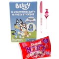 thumbnail image 1 of Bluey 16 Valentine Cards with Charms Lollipops MiniPops Candy, Fuzzy Stickers, 48 Heart Sticker Seals and (1) Valentine's Day Pen Classroom Exchange Bundle For Kids, 1 of 8