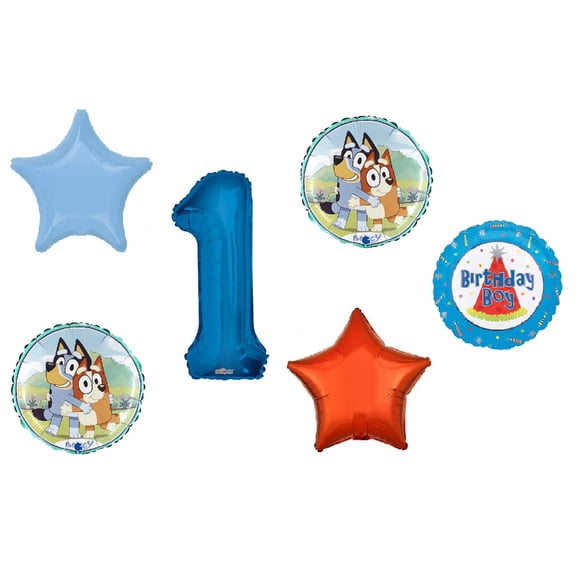 Bluey 1st Birthday Party Bingo Blue Heeler Dog Puppy 5 Piece Mylar Balloons Set