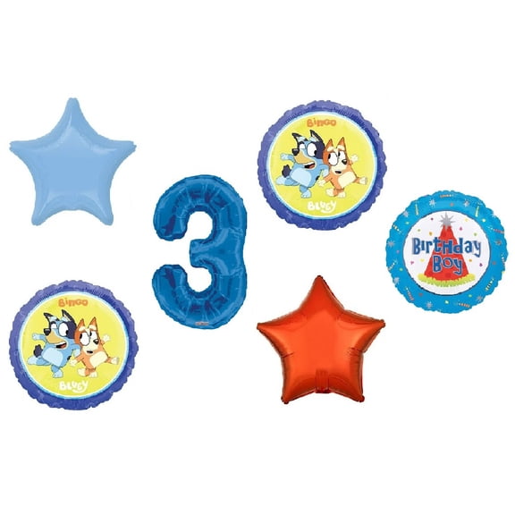 Bluey 3rd Birthday Party Bingo Blue Heeler Dog Puppy 6 Piece Mylar Balloons Set