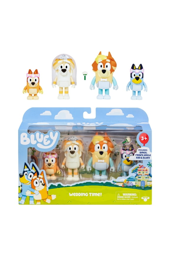 4-Pack Wedding Figures, Includes Uncle Rad, Frisky, Bluey and Bingo, Toys for Kids 3-6 Years