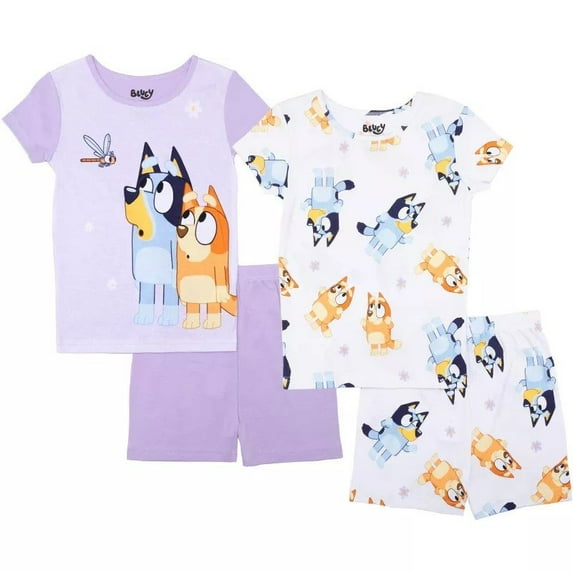 Bluey 4-Piece Girls Pajama Set with 2 Short Sleeve Tops & 2 Shorts Featuring Bluey & Bingo Toddler Sizes 2T4T