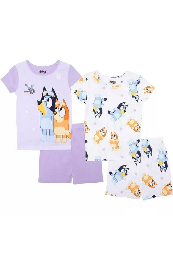 Bluey 4-Piece Girls Pajama Set with 2 Short Sleeve Tops & 2 Shorts Featuring Bluey & Bingo Toddler Sizes 2T4T