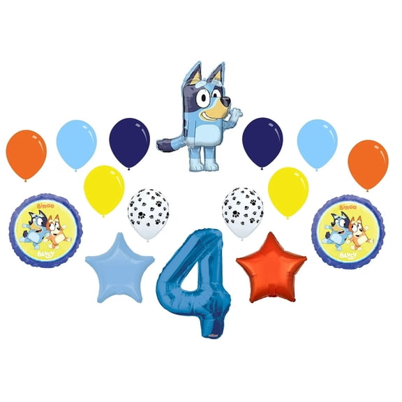 Bluey 4th Birthday Party Bingo Blue Heeler Dog Puppy 16 Piece Mylar Balloons Set