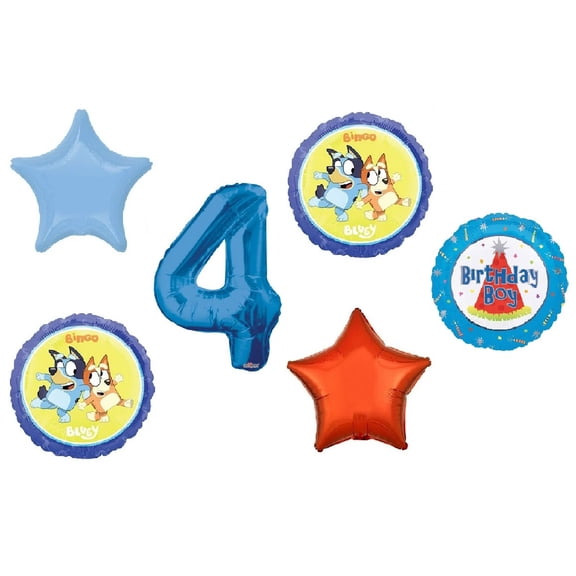Bluey 4th Birthday Party Bingo Blue Heeler Dog Puppy 6 Piece Mylar Balloons Set