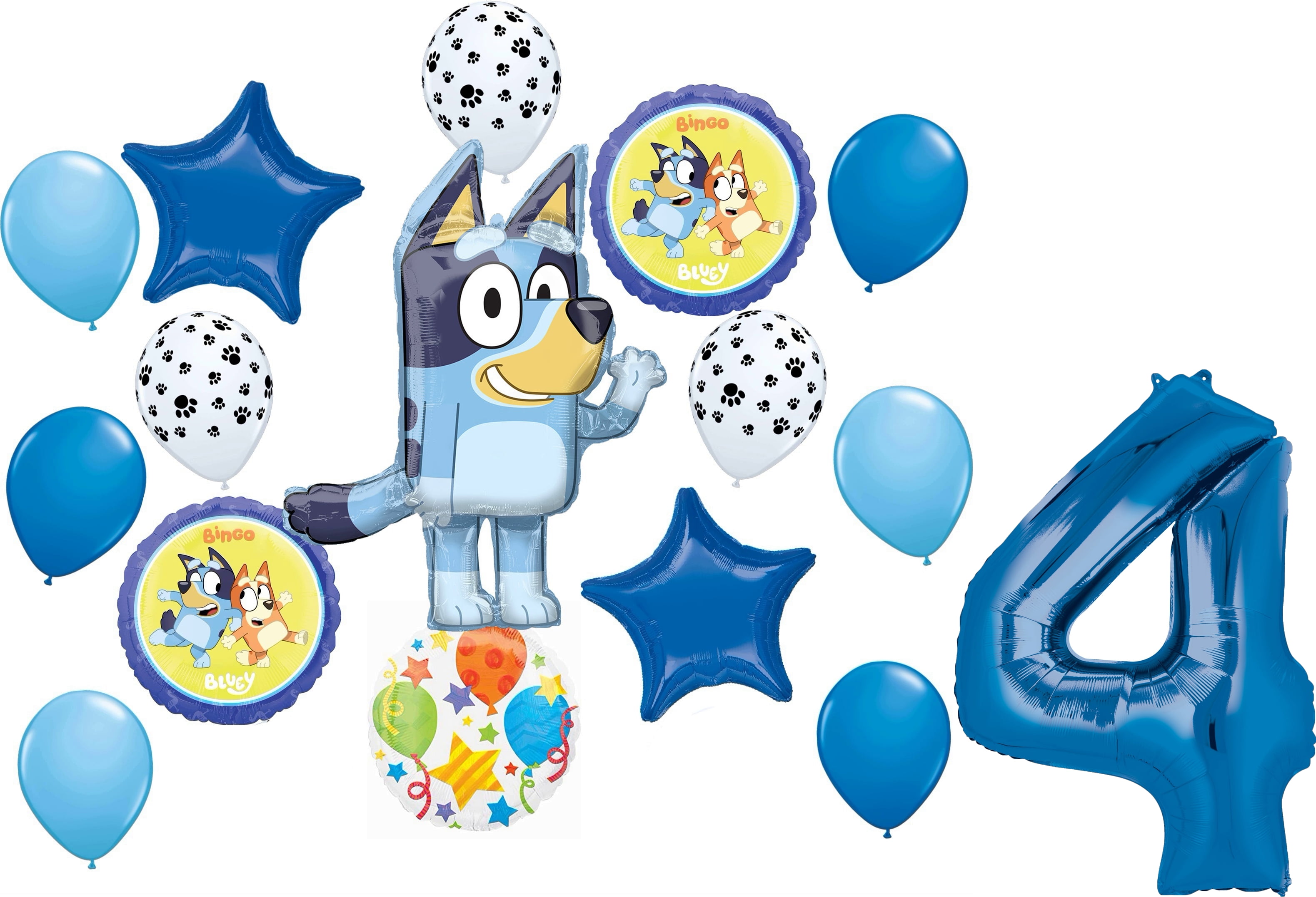 Bluey & Bingo 4th Birthday Balloon Bouquet - Foil Number 4 & Character Balloons