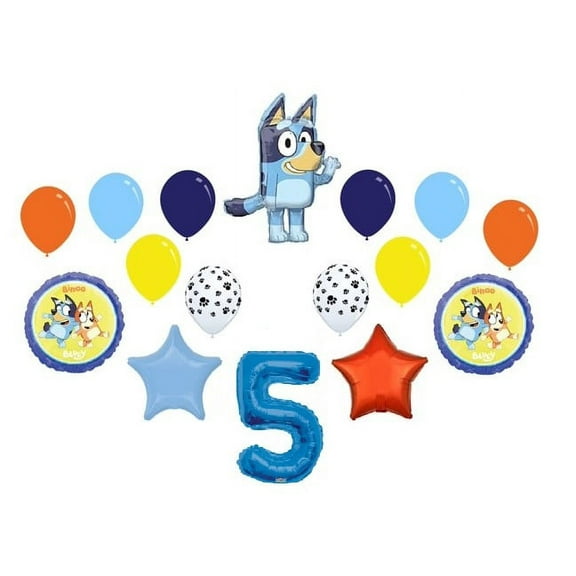 Bluey 5th Birthday Party Bingo Blue Heeler Dog Puppy 16 Piece Mylar Balloons Set