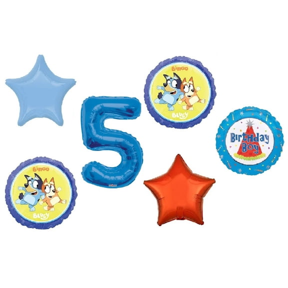 Bluey 5th Birthday Party Bingo Blue Heeler Dog Puppy 6 Piece Mylar Balloons Set