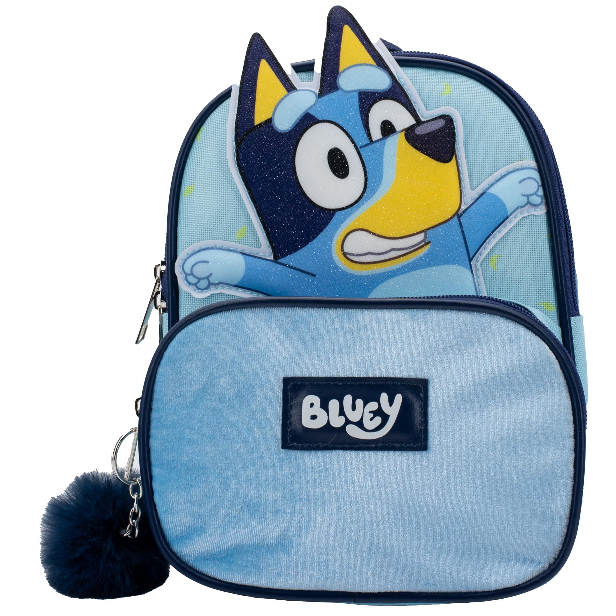 Bluey 9” Micro Mini Backpack Purse Featuring a 3D Bluey Glitter Patch with Pom Pom Dangle, Blue