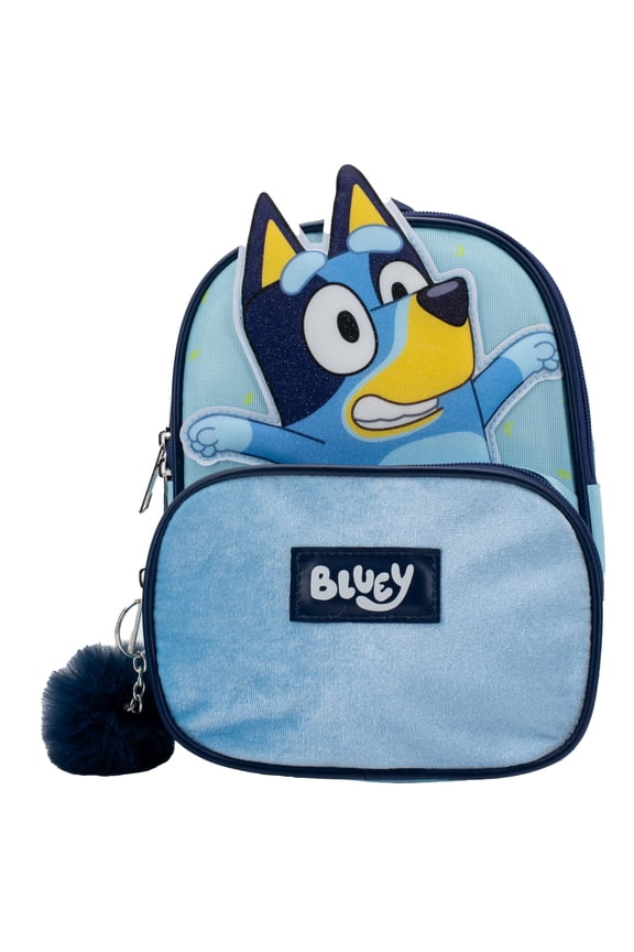 Bluey 9” Micro Mini Backpack Purse Featuring a 3D Bluey Glitter Patch with Pom Pom Dangle, Blue
