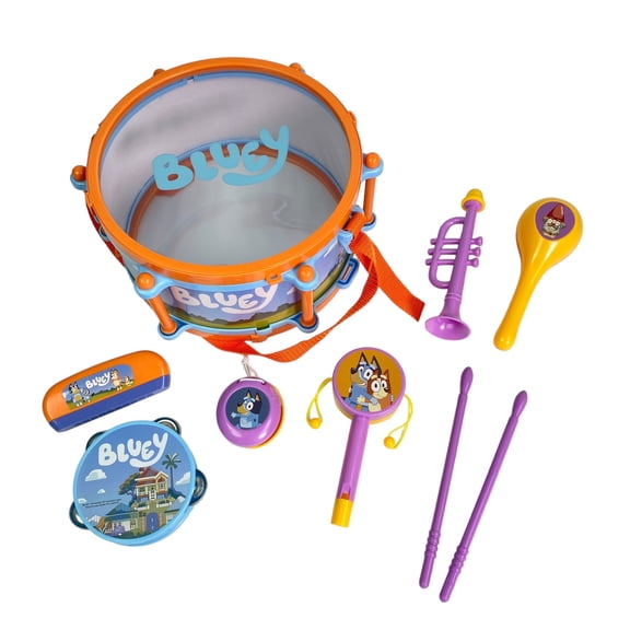 Bluey 9pc All in One Band Set, Musical Instrument Toy, Drum & Tambourine, Plastic, 10.8 x 4.92 x 9.45 Inches, Toddler, 1.3 Pounds, No Batteries Required