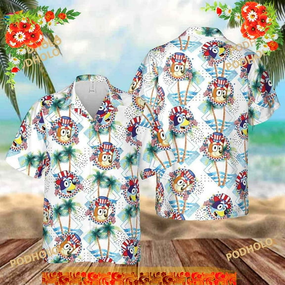 Bluey And Bingo Hawaiian Shirt, 4th July Blueydad Bingo 3D Hawaii Shirt