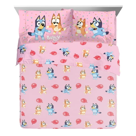 Bluey Balloon Party 4-Piece Queen Sheet Set, Polyester, Pink, BBC Studios