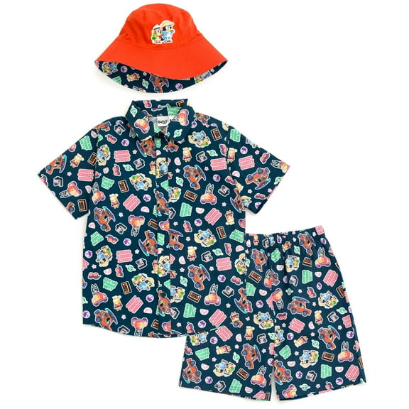 Bluey Bingo Button Down Shirt Shorts and Bucket Sun Hat 3 Piece Outfit Set Toddler to Big Kid