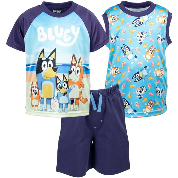 Bluey Bingo Dad Little Boys T-Shirt Tank Top and French Terry Shorts 3 Piece Outfit Set Toddler to Big Kid