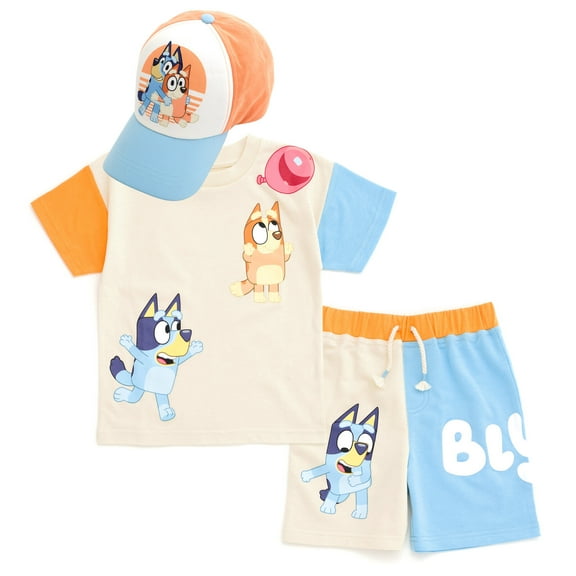 Bluey Bingo Drop Shoulder T-Shirt French Terry Shorts and Adjustable Snapback Baseball Cap 3 Piece Outfit Set Toddler to Big Kid