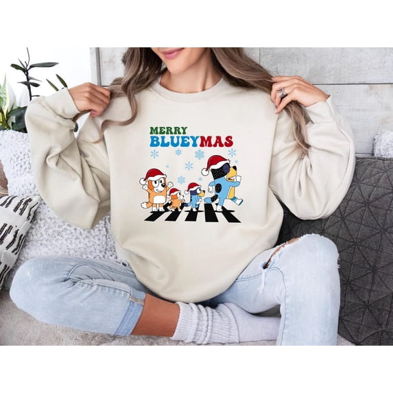 Bluey Bingo Family Christmas Sweatshirt, Merry Blueymas Shirt , Happy Christmas Sweater, Light Pink Color, Size XL