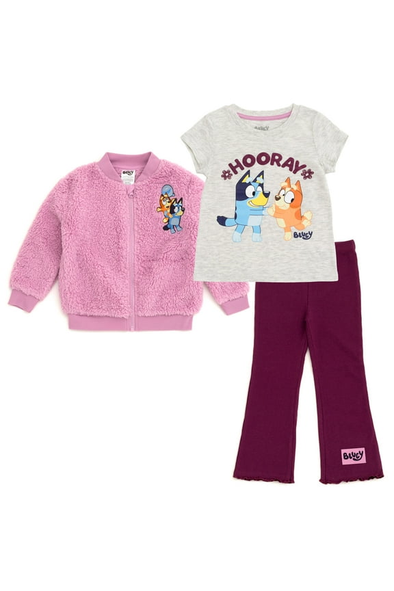 Bingo Faux Shearling Zip Up Bomber Jacket, T-Shirt and Ribbed Flare Pants 3 Piece Outfit Set Toddler to Big Kid