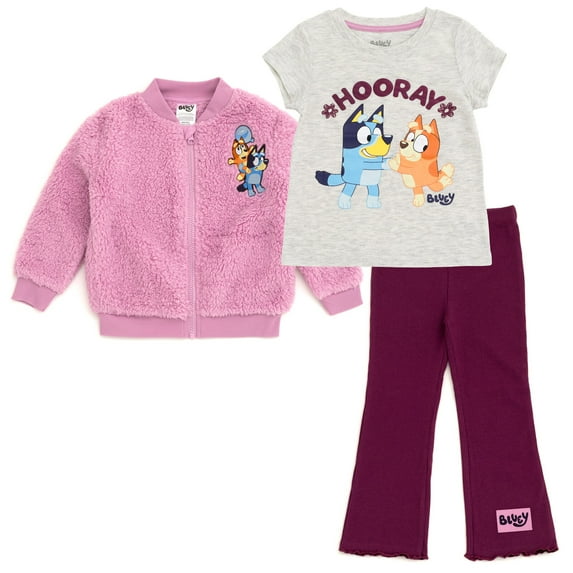 Bluey Bingo Faux Shearling Zip Up Bomber Jacket, T-Shirt and Ribbed Flare Pants 3 Piece Outfit Set Toddler to Big Kid