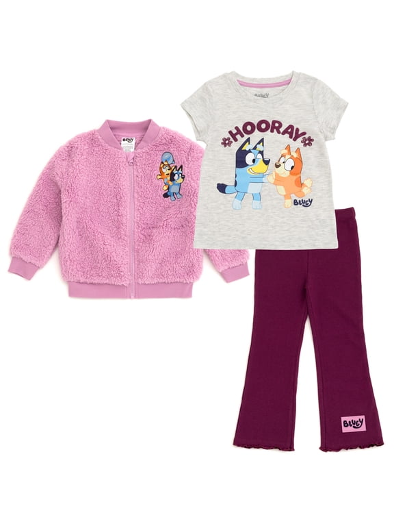 Bingo Faux Shearling Zip Up Bomber Jacket, T-Shirt and Ribbed Flare Pants 3 Piece Outfit Set Toddler to Big Kid