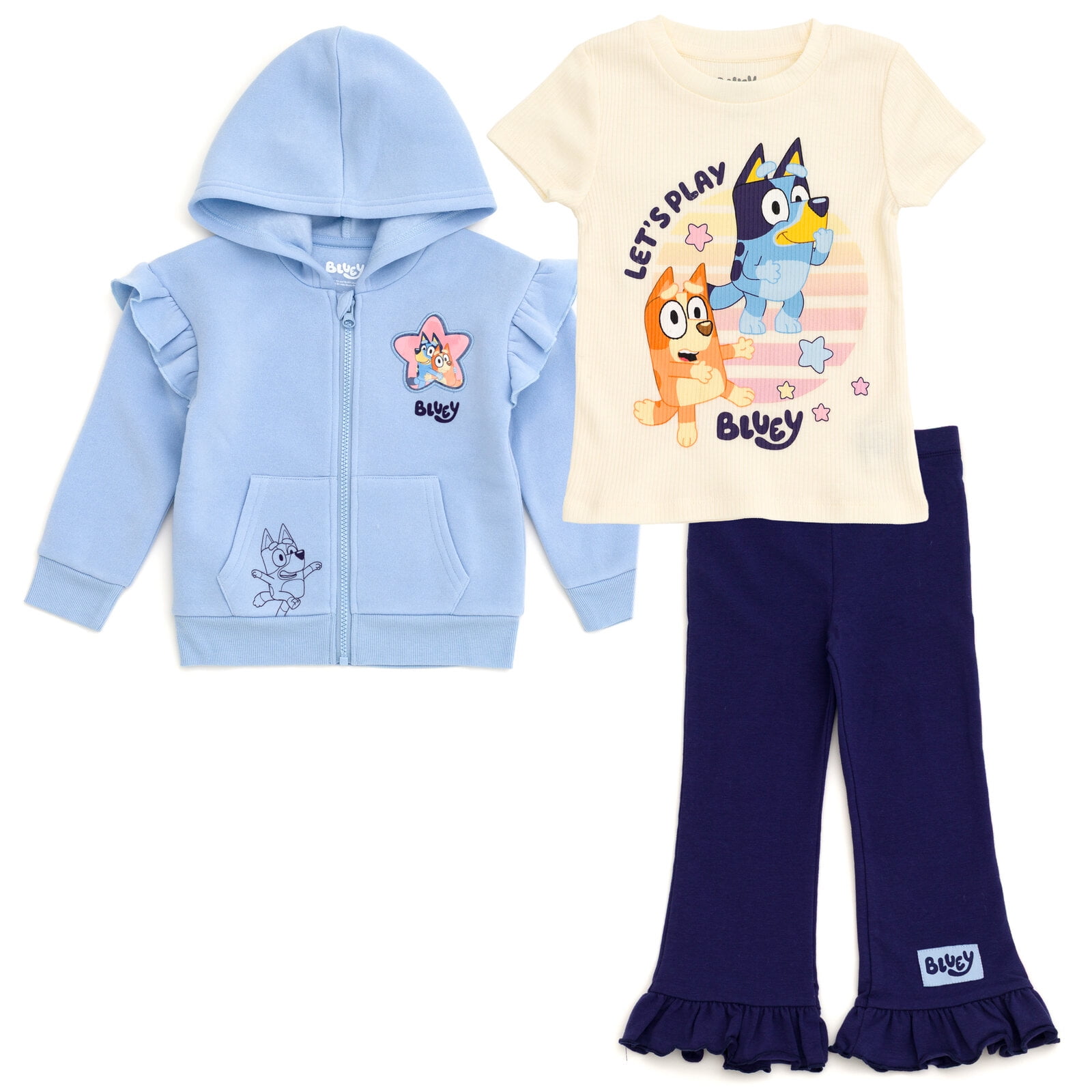 Bluey Bingo Fleece Drop Shoulder Zip Up Hoodie, Ribbed T-Shirt and Pants 3 Piece Outfit Set Toddler to Big Kid