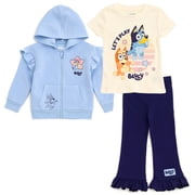 Bluey Bingo Fleece Drop Shoulder Zip Up Hoodie, Ribbed T-Shirt and Pants 3 Piece Outfit Set Toddler to Big Kid