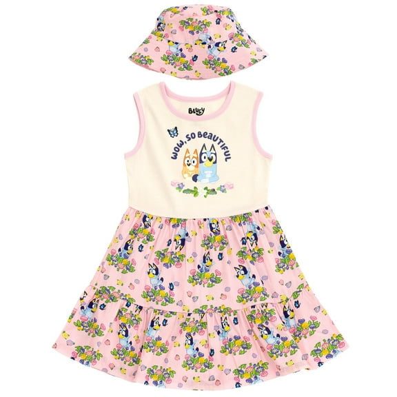 Bluey Bingo Floral Dress and Bucket Sun Hat Toddler to Big Kid