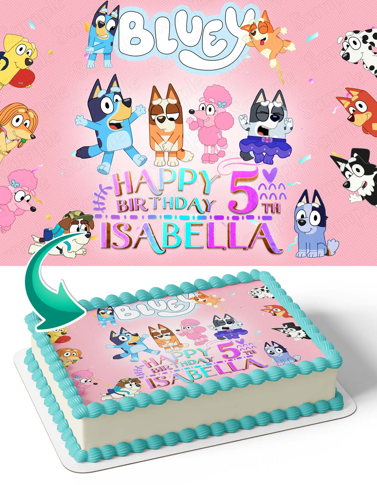 Bluey Bingo Friends Pink Girls Edible Image Cake Topper Personalized Birthday Sheet Decal Banner 1/4 Sheet
