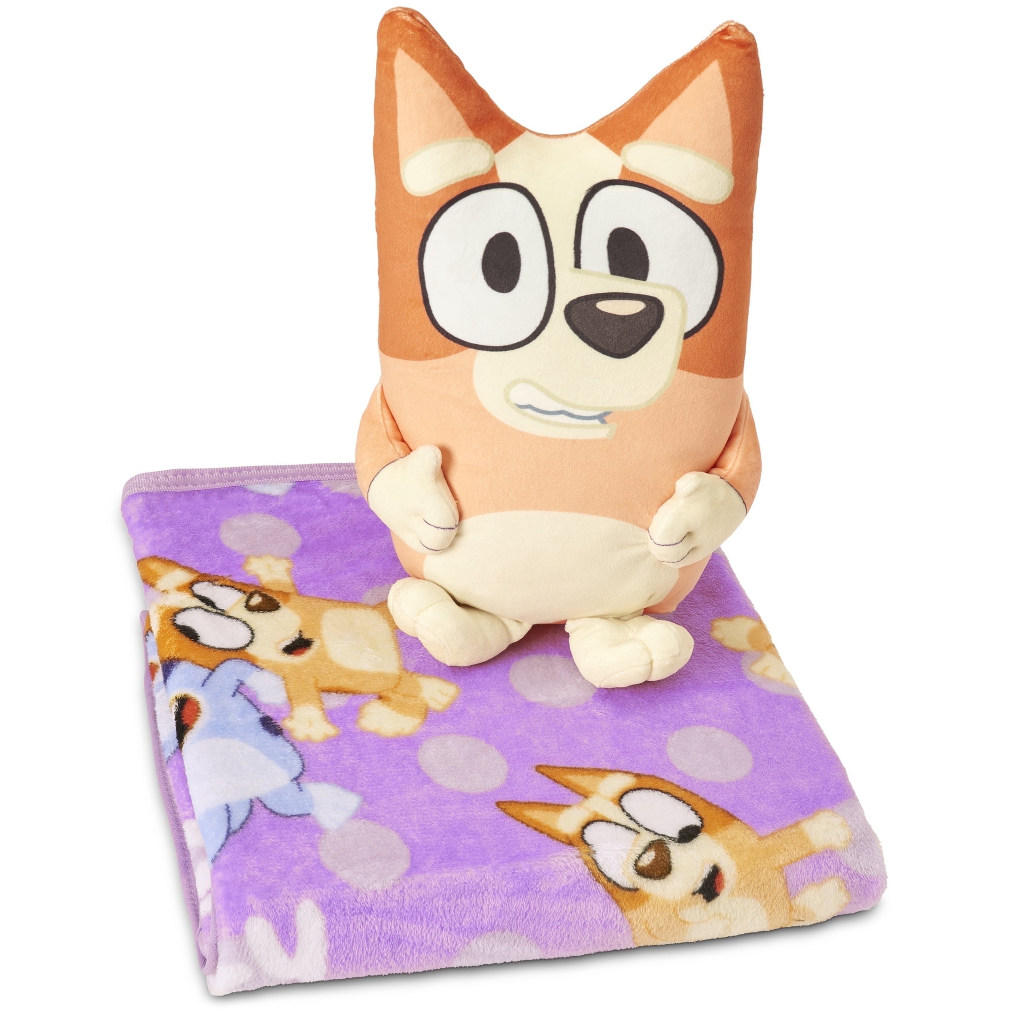 Bluey Bingo Lilac Dotty Fun 11 inch Character Hugger and 40 x 50 inch Throw Blanket Set – Ultra Soft Plush Character Pillow for Kids