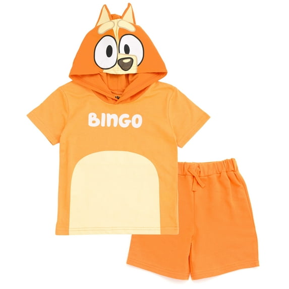 Bluey Bingo Little Boys Hooded Cosplay T-Shirt and French Terry Shorts Outfit Set Orange 6