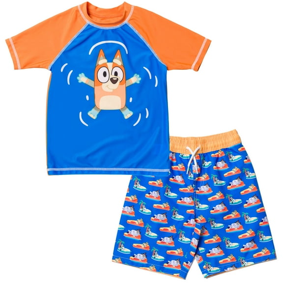 Bluey Bingo Little Boys Rash Guard and Swim Trunks Outfit Set Blue Orange 5-6