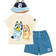 Bluey Bingo T-Shirt Chambray Shorts and Twill Bucket Sun Hat 3 Piece Outfit Set Toddler to Big Kid
